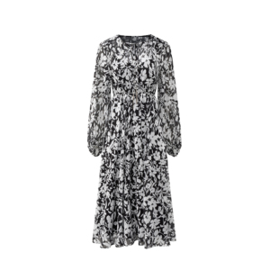 Spring and Autumn style floral waist cinching long sleeved dress