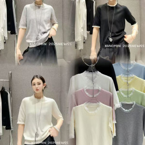 Lace round neck seven quarter sleeve slim fit knit sweater