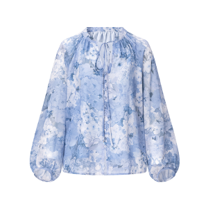 Spring new tea break lantern sleeve blue loose lace up floral shirt
