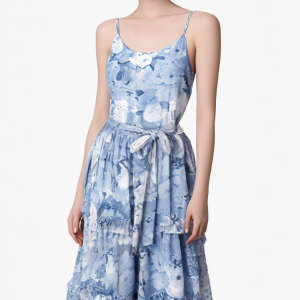 Summer New Tea Break Blue Slips Cake Skirt Seaside Vacation Style