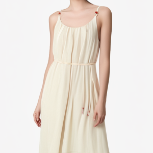 Summer new round neck bead vacation style pleated camisole skirt temperament long skirt