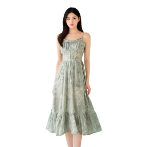 Cardamom series-suspender dress｜Summer New Style V Green floral chiffon dress