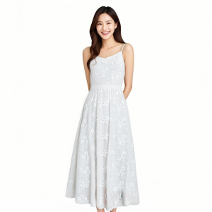 Summer new light luxury high-end white moonlight waist cinched lace embroidered suspender dress