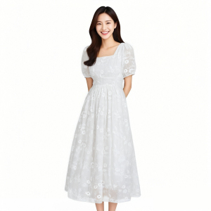 Summer new light luxury high-end square neck white moonlight waist cinched lace embroidered dress
