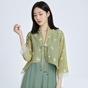 Spring and summer new Chinese style improved Hanfu double breasted lotus leaf edge fairy buckle outer garment
