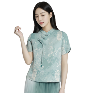 Summer Jacquard Stand up Collar Slant Buckle Unique Western Elegance Short Sleeve 