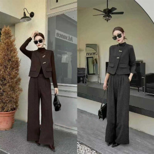 2025 Spring fashion western-style light luxury high-end high waisted woolen suit wide leg pants three piece set