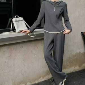 2025 Spring new fashion minimalist set,  gray casual hooded zipper sweatshirt two-piece set