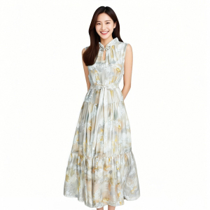 Summer girls' small stand up collar sleeveless high-end printed Chinese style dress
