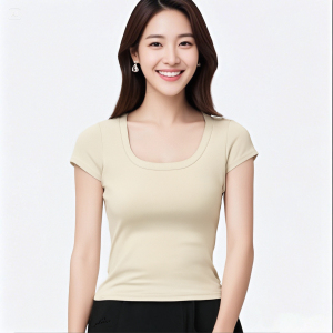 Solid color shoulder slimming short sleeved women's high-end t Minimalist T-shirt style u Collar slim fit short top