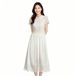 Summer new French splicing hollow out temperament long skirt with waist cinching a Word dress
