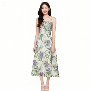 Summer Iris Flower Full Print Strap Skirt Slimming Waist Resort Dress