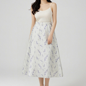 Gentle style,  fashionable purple print,  embroidered elastic waist skirt