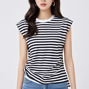 Summer outfit new western-style age reducing T-shirt with black and white stripes,  color blocked round neck and half sleeves T T-shirt