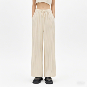Thin line casual pants|Color woven striped lazy elastic waist loose straight leg pants