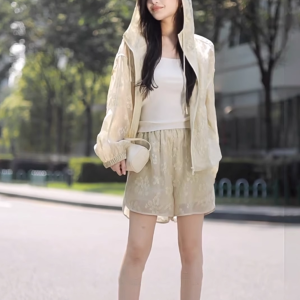 New Jacquard Sunscreen Set Half Transparent Lightweight Two tone burnt flower jacket/shorts