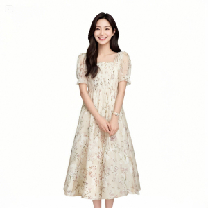 Summer new French square neck dress for women,  slimming with bubble sleeves and floral chiffon midi skirt