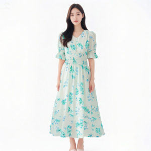 Summer new floral dress with a slimming waist and a niche design,  featuring a tea break and French style long skirt