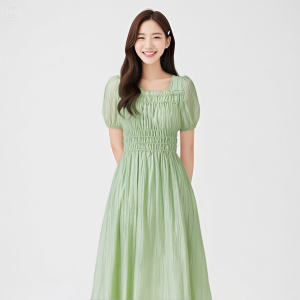 Summer new retro square neck green fairy dress looks slim and elegant,  mid length chiffon dress