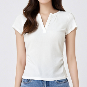 Solid color V Shoulder collar short sleeved shirt t Women's slimming short top,  suit base,  slim fit