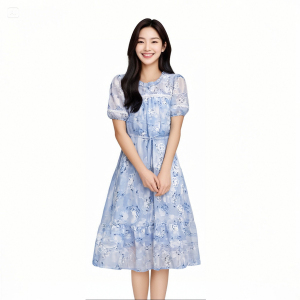 New Chinese Embroidered Jacquard French High End Style Elegant Blue Floral Dress