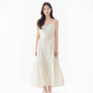 Summer new waist cinching slimming white camisole dress with Tencel lace up dress