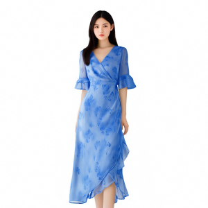 High end watercolor blended chiffon skirt design with ruffled edges,  niche commuter dress
