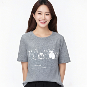 Round neck rabbit print short sleeved shirt T Women's loose and slimming casual top summer style