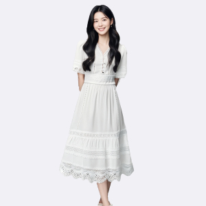 Summer new French lace white V Collar dress,  waist cinching,  big swing fairy dress