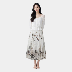 Spring new style new Chinese style skirt with yarn like printing and improved horse face skirt