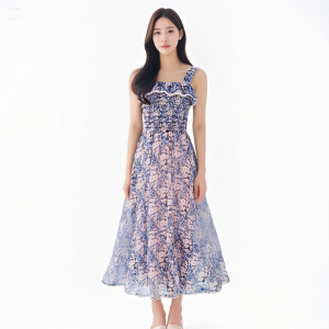 Comes with a noble and mysterious temperament,  hot stamping butterfly orchid slimming suspender dress