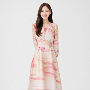 Spring and Autumn New Pink Blended Printed Loose Lace Shoulder Drop Dress