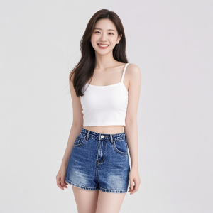 Cotton high waist slimming washed denim shorts for women