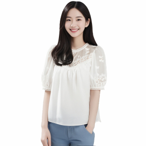 2025 Spring/Summer Korean Lace Collar  Lace embroidered short sleeved shirt