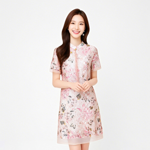 Spring new retro Chinese style printed medium to long cheongsam dress