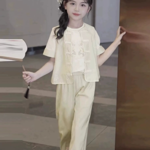 New Chinese style and Western style girls' short sleeved wide leg pants set for summer