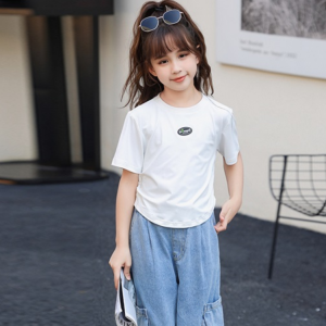 Girls' Summer New Style Medium sized and Elegant Girl's T-shirt in White