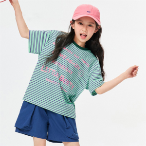 女童短袖夏装新款女中大童条纹半袖上衣