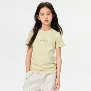 Pleated short sleeved summer new girls' pleated solid color round neck short sleeved shirt T T-shirt