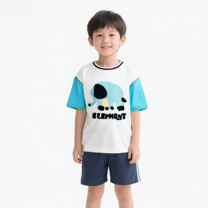 Summer New Product:  Boys' and Girls' Stylish Color Contrast Splicing Elephant Comfortable Short Sleeve Top