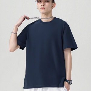 Silk cotton texture men's summer round neck solid color short sleeved shirt Tailored Tibetan Blue Business T T-shirt