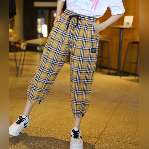 Summer new children's khaki checkered fashionable and stylish loose leg pants