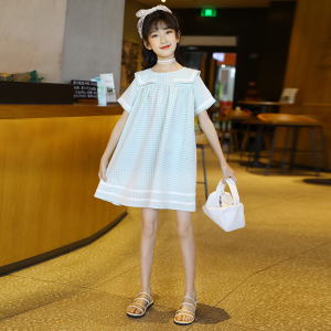 女中大童夏季纯棉大翻领小清新格子连衣裙