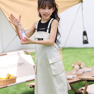 夏季新款女童连衣裙口袋白色工装背带连衣裙