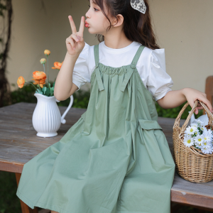夏装新款洋气儿童套装裙大童短袖背带裙两件套