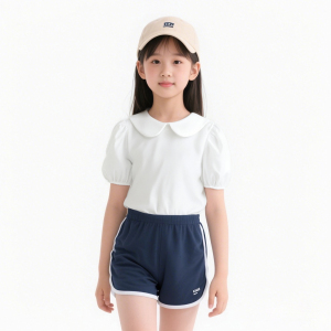 夏季娃娃领花朵宽松花苞短袖纯色甜美女童上衣