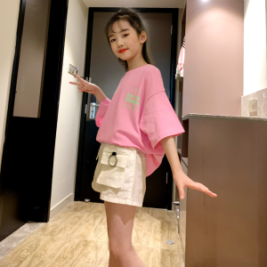 夏季新款洋气大童女孩纯棉短袖韩范两件套