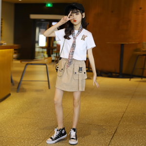 女童英伦风时尚儿童休闲 T 恤短裙套装