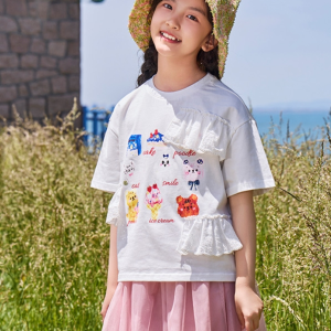Summer New Round Neck Bear Printed Lace Edge Splicing Cute White t T-shirt