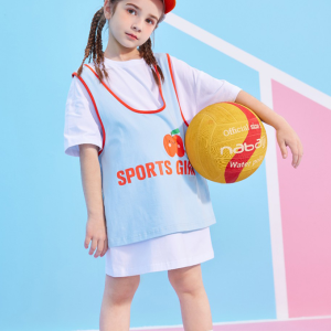Summer Junior Blue and White Splicing Fake Two piece Letter Short sleeved Dress